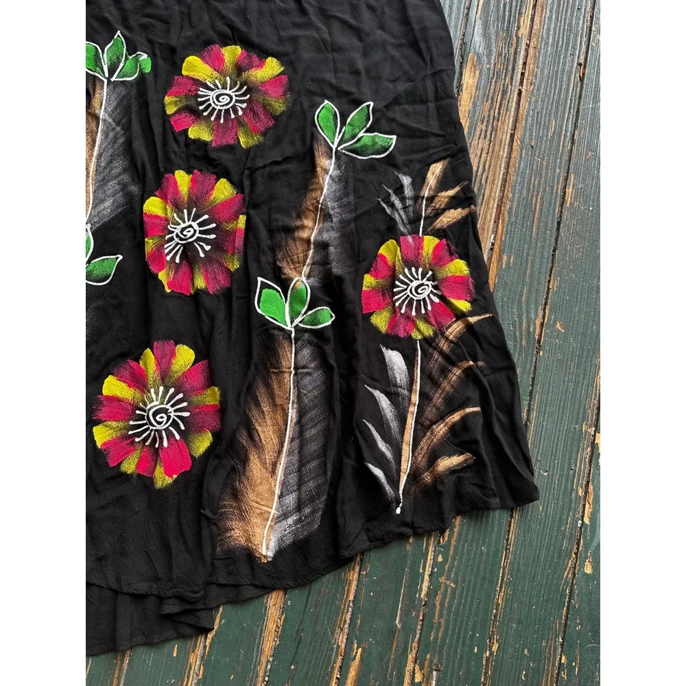 Pineapple Hand Painted Floral Rayon Sleeveless Top Black PK5181 Free Size NWT